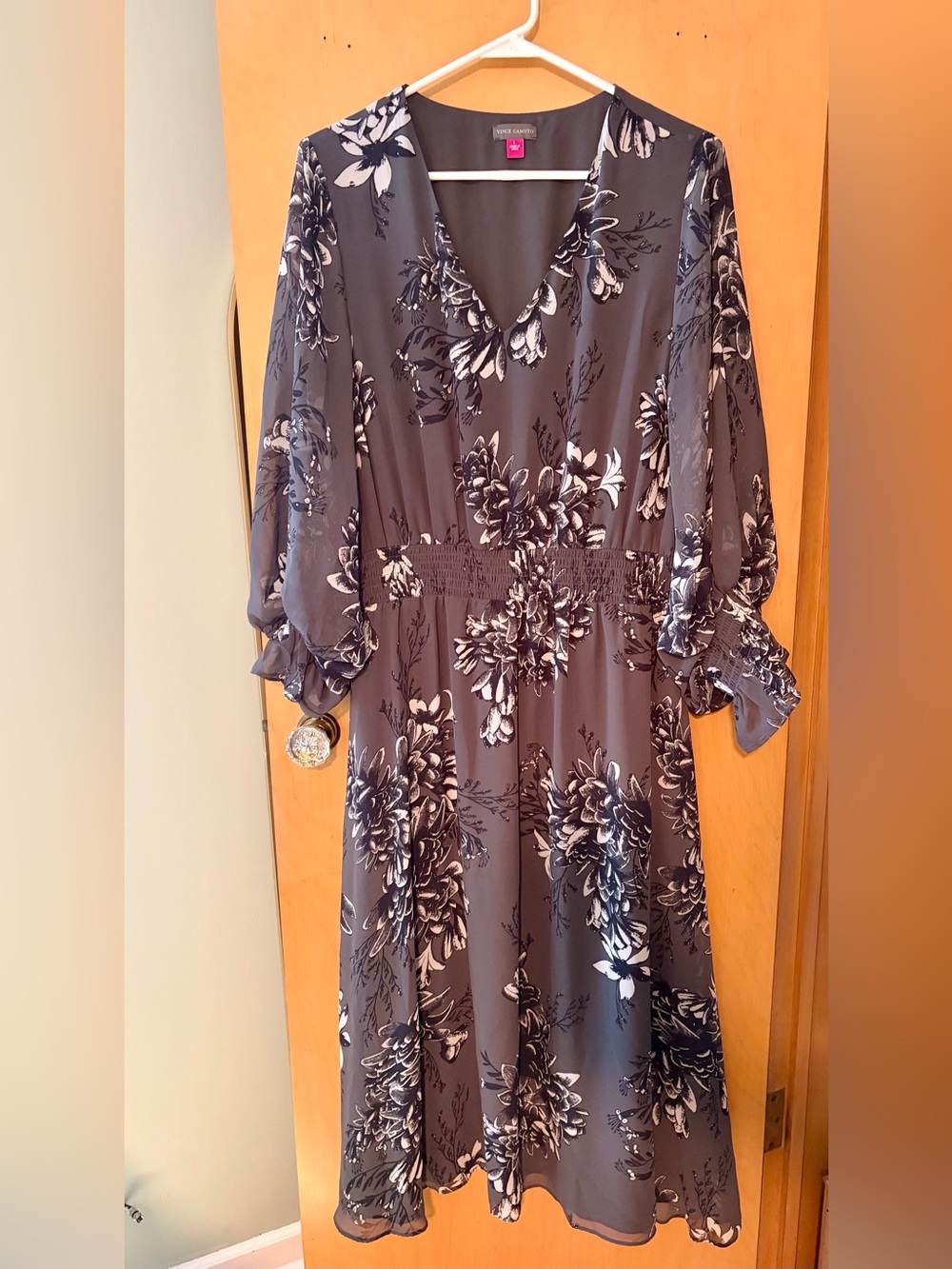 Vince Camuto Charcoal and White Floral V-Neck Long Sleeve Dress